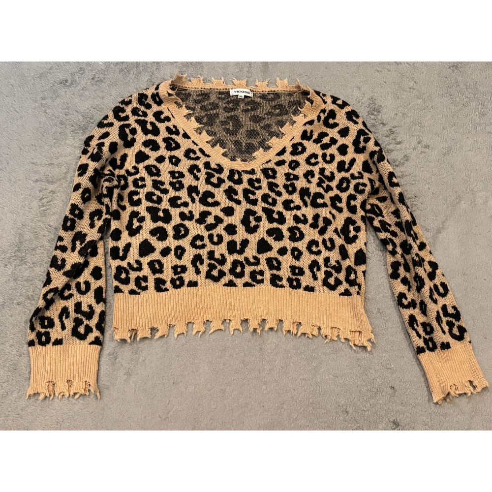 Vigoss Leopard Print Distressed V-Neck Sweater Tan Black XL Frayed Hem